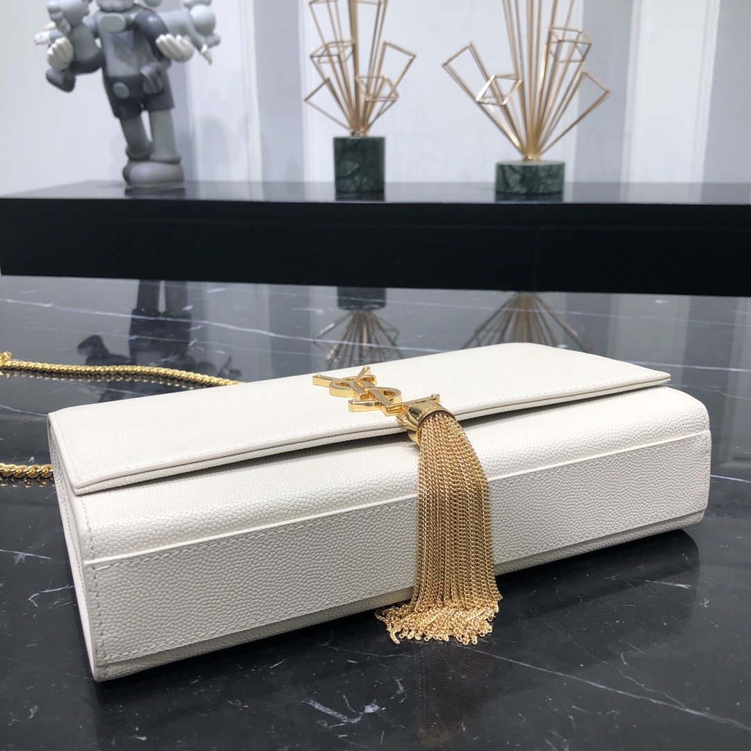 Saint Laurent Kate Tassel Medium Grain Calfskin Shoulder Bag White 354119 Gold